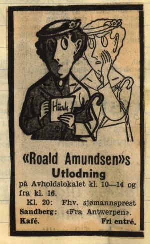 'Roald Amundsen's 7de utlodning ble holdt 5. til 9. mars 1946. Annonsen over viser tid og sted for utlodning og underholdning onsdag 6. mars 1946.