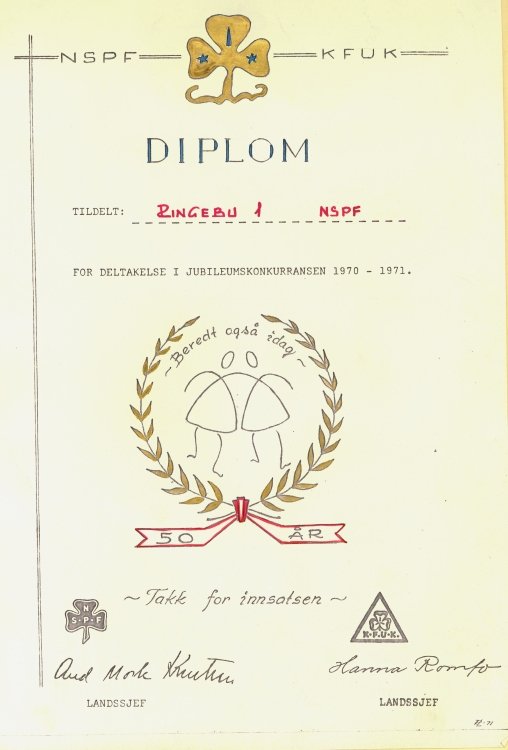 Diplom tildelt Vandrerne i Ringebu I for deltagelse i jubileumskonkurransen 1970-1971