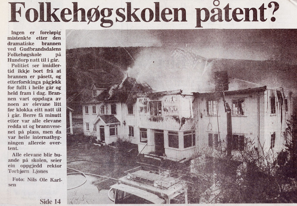 Avisoppslag etter den påsette brannen 21.4.1987. (Kilde: Gudbrandsdølen)