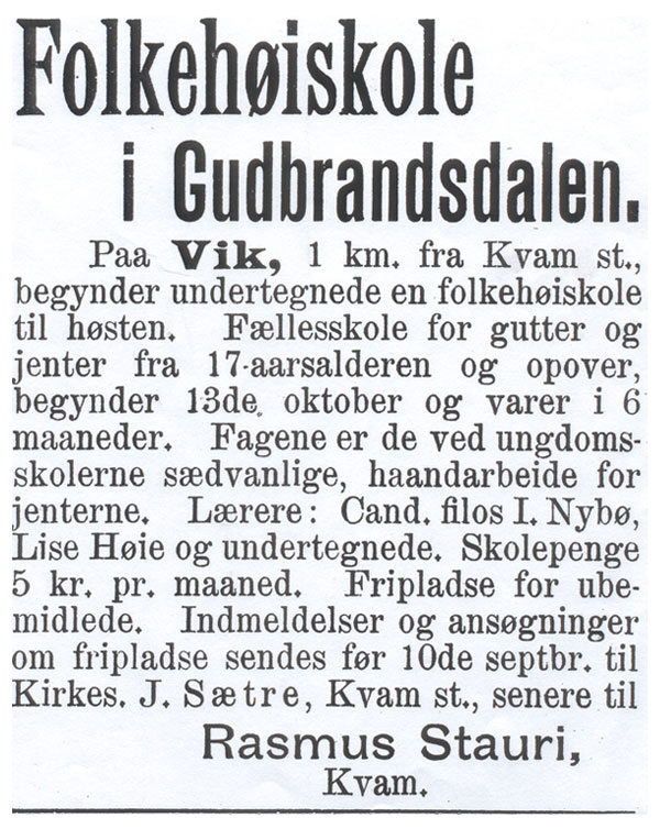 Opningsannonsen for Gudbrandsdalens Folkehøgskule frå 1902