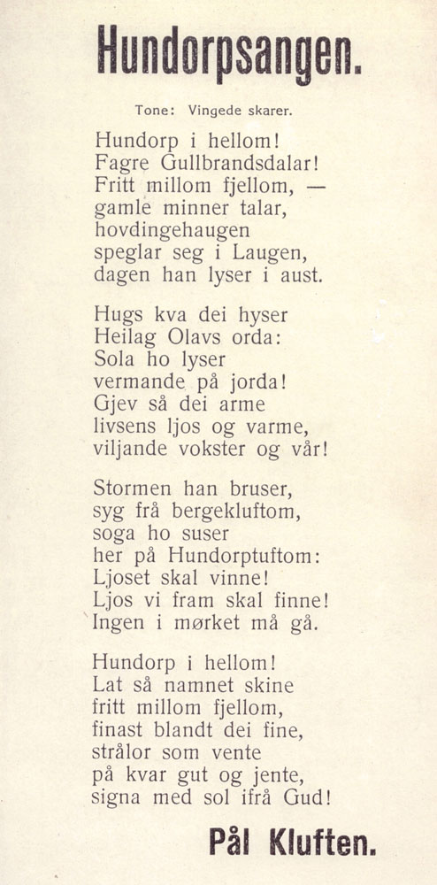 Hundorpsangen av Pål Kluften frå 1930-talet.