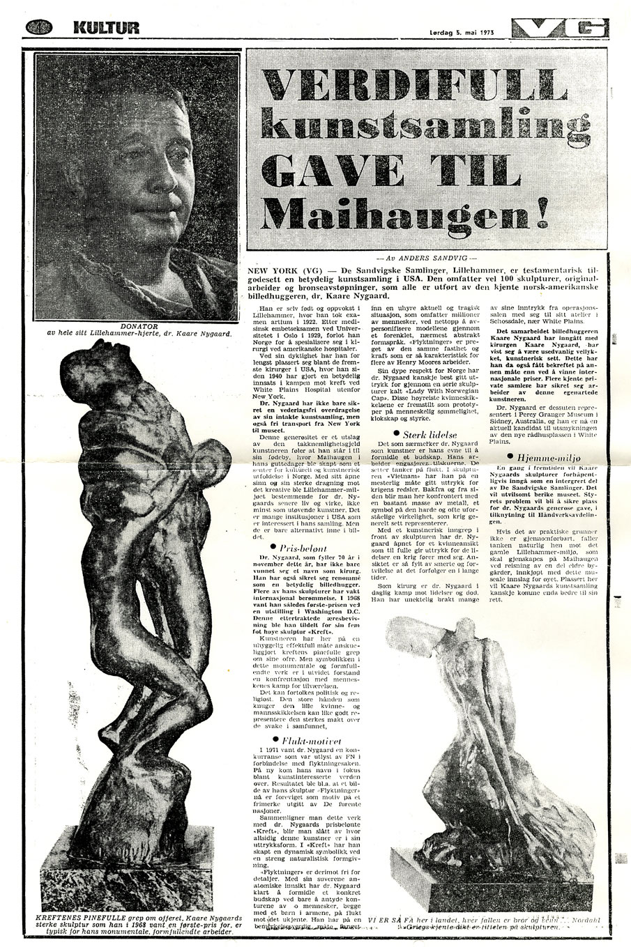 Avisutklipp fra VG 5.5.1973 om Kaare Nygaards kunstgave til Maihaugen. (A-00619 Kaare Nygaard - Opplandsarkivet avd. Maihaugen)