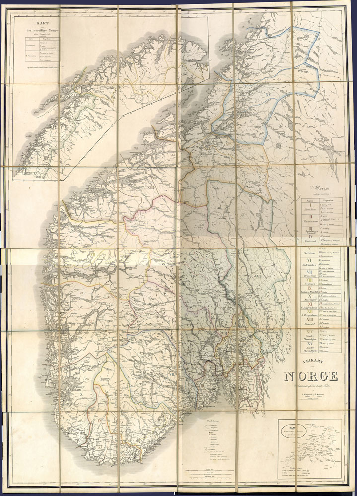 Veikart over Norge fra 1843 utarbeidet av Aleksander Józef Waligórski og Harald Nicolai Storm Wergeland. (Kilde: Nasjonalbiblioteket)