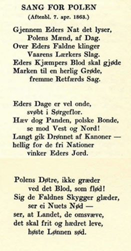 Sang for Polen fra Aftenbladet 7. april 1863. (Kilde: Norge og den polsk frihetskamp / Gyldendal Norsk Forlag - 1937)