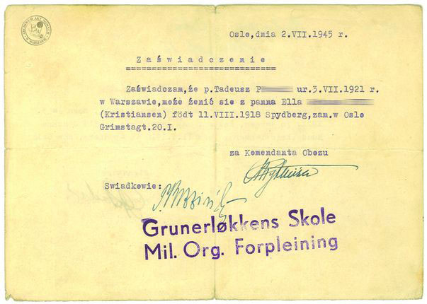Zezwolenie na ślub z Norweżką dla jednego z Polaków przebywających w obozie repatriacyjnym. (Copyright: Archiwum Akt Nowych)