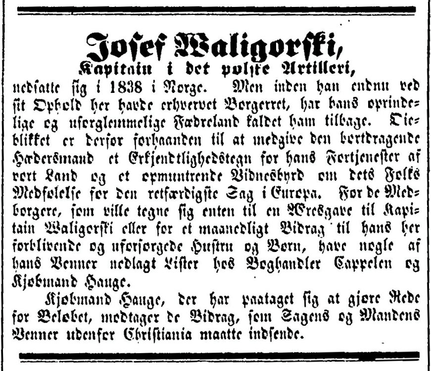 Krótka biografia Aleksandra Józefa Waligórskiego zamieszczona w gazecie Morgenbladet z 8. kwietnia 1848 roku.