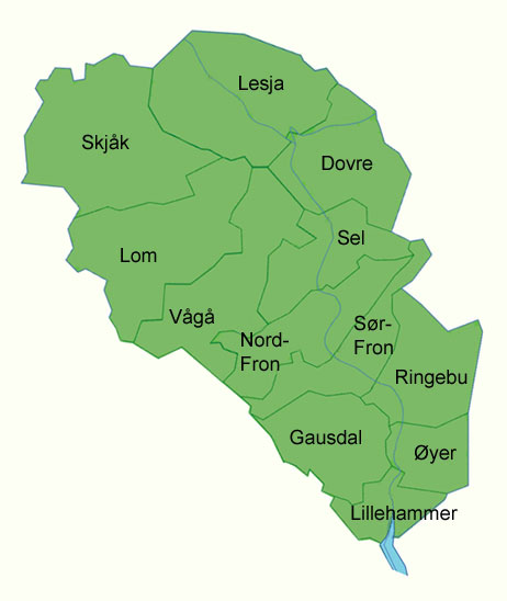 Kart over Gudbrandsdalen med kommunenavn