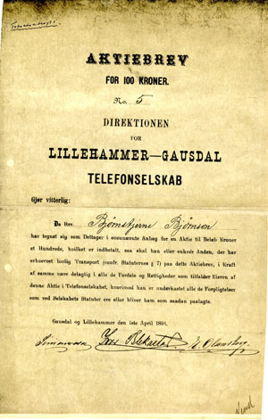 Aktiebrev fra arkivet etter Lillehammer og Gausdal Telefonselskab (Tilhører Opplandsarkivet avd. Maihaugen)