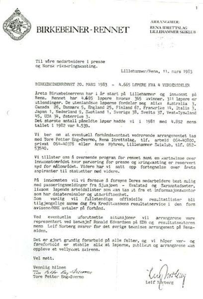 En pressemelding fra Lillehammer skiklubb i 1983 ga Rolf inspirasjon til en historie om Birkebeinerrennet. (Tilhører Opplandsarkivet avd. Maihaugen)